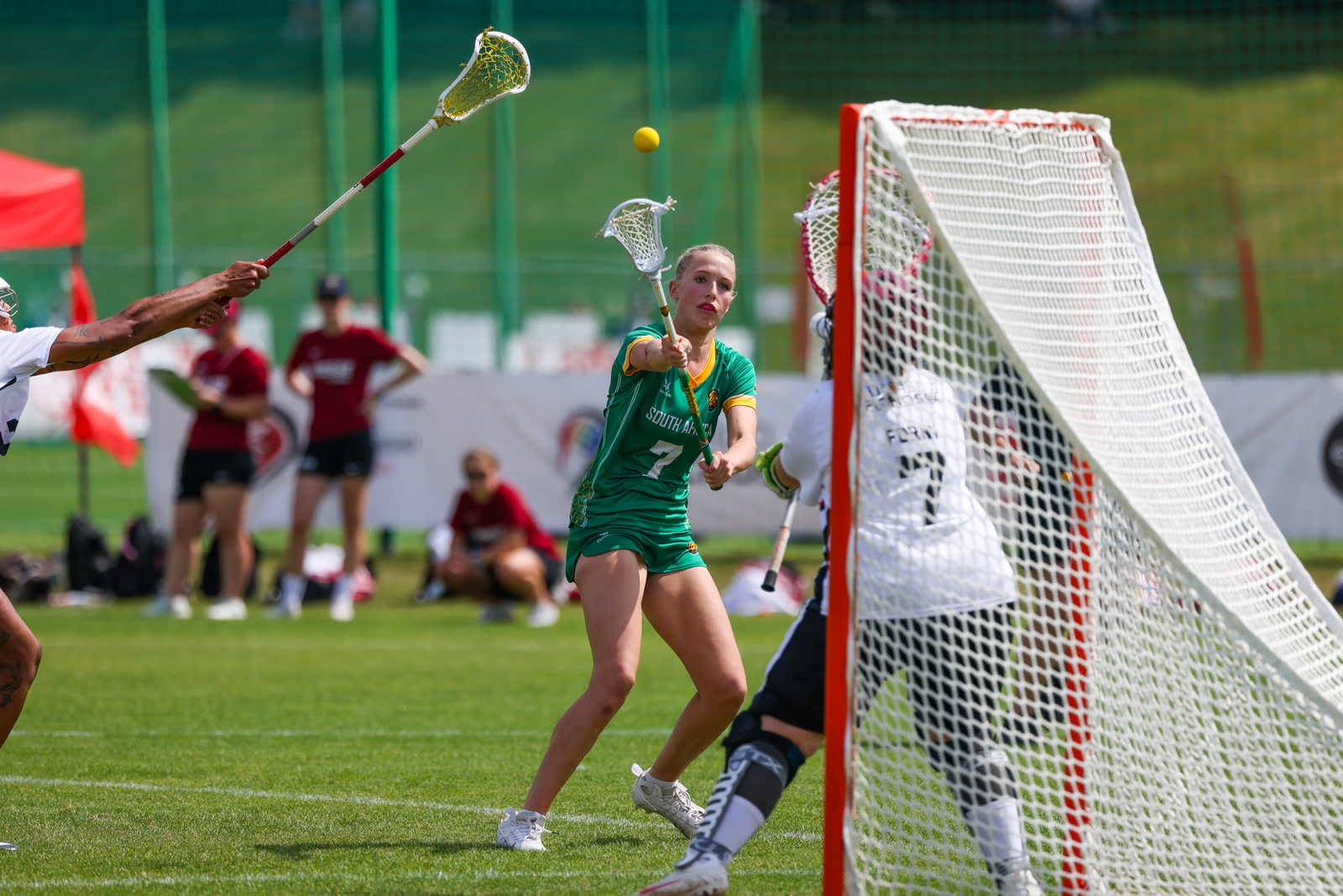 A South Africa player shooting on goal against Switzerland